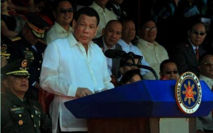 <p><strong>PMA ‘ALAB TALA'</strong>. President Rodrigo Duterte delivers his message to the 282 members of the Philippine Military Academy graduating class as he encouraged them to obey and honor the Constitution and follow the chain of command.  (<em>PNA Baguio Bureau</em>)</p>